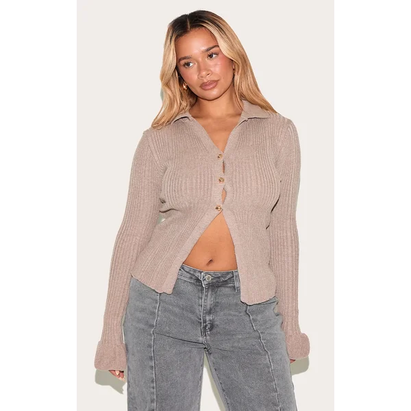 Shape Mocha Knitted Rib Button Front Split Hem Cardigan