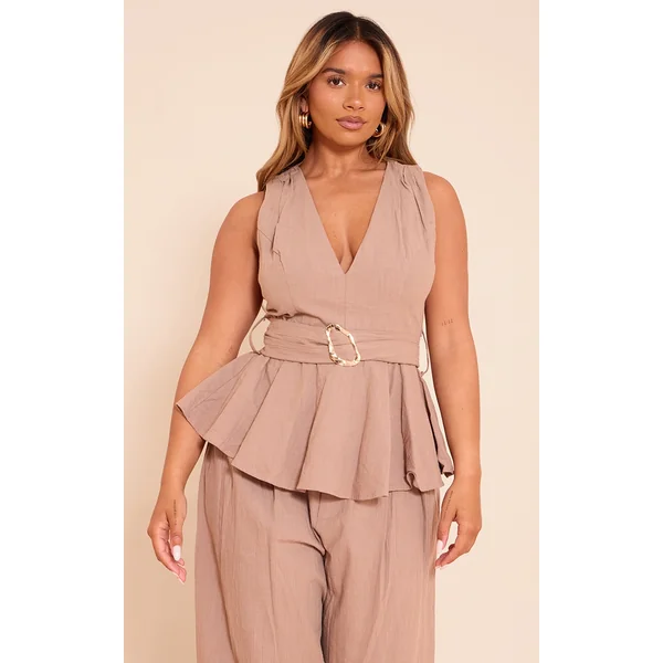 Shape Mocha Linen Gold Trim Belted Peplum Top