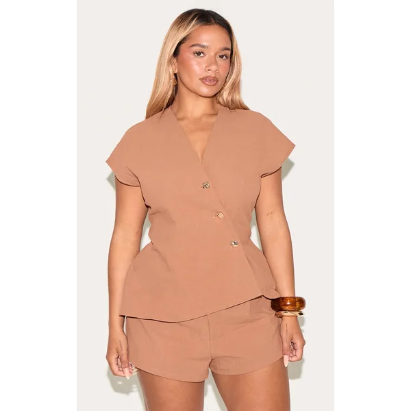 Shape Mocha Linen Look Asymetrical Gold Hammered Button Adjustable Vest