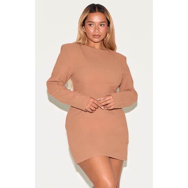 Shape Mocha Linen Look Boat Neck Shoulder Pad Mini Dress