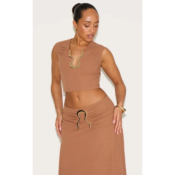 Shape Mocha Linen Look Gold Wave Trim Crop Top