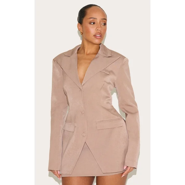 Shape Mocha Linen Look Split Hem Cinched Adjustable Waist Blazer