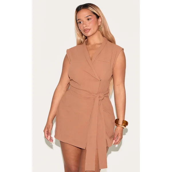 Shape Mocha Linen Look Wrap Front Belted Blazer