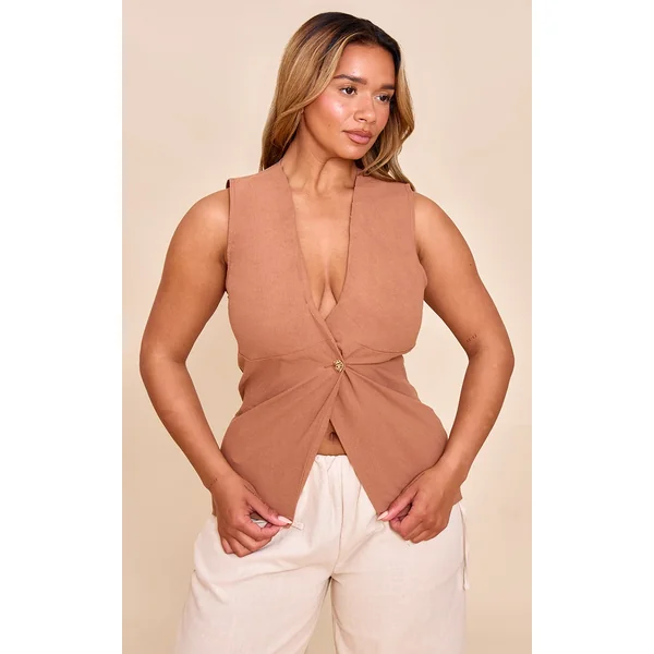 Shape Mocha Linen Plunge Front Ruched Gold Hammered Button Vest