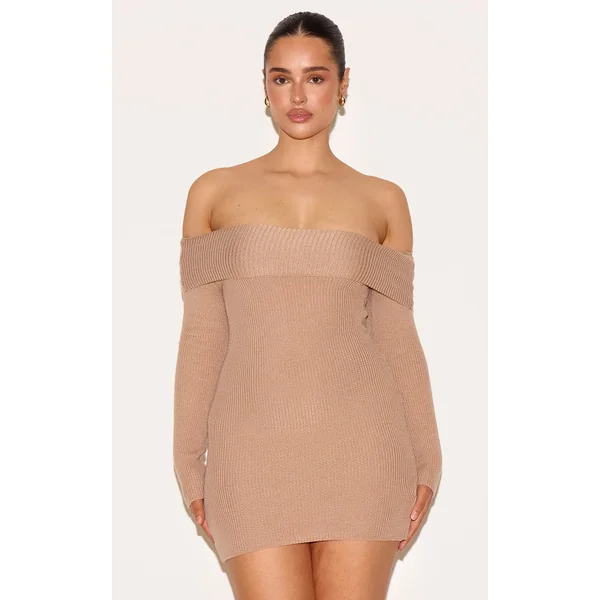 Shape Mocha Off Shoulder Fold Over Knitted Bodycon Dress