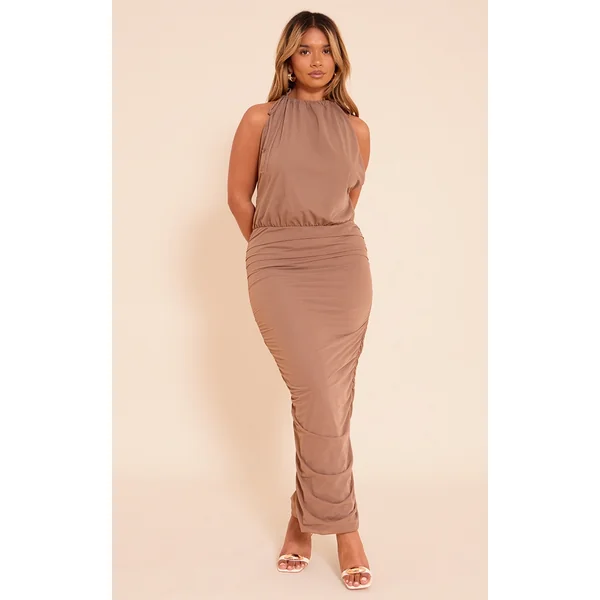 Shape Mocha Ruched Tie Neck Maxi Dress