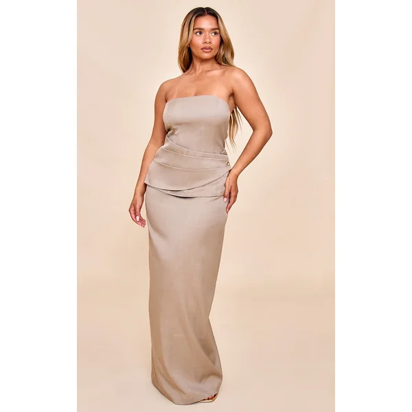 Shape Mocha Tailored Bandeau Wrap Over Gold Trim Maxi Dress