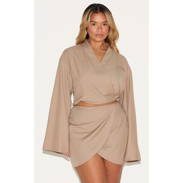 Shape Mocha Tailored Wrap Flared Sleeve Cropped Blazer Top