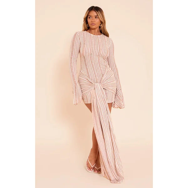 Shape Mocha Textured Long Sleeve Tie Waist Mini Dress