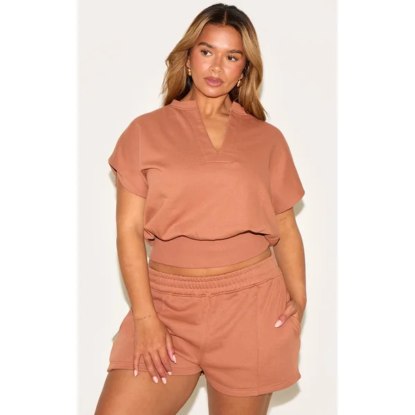 Shape Mocha V Neck Cinched Waist Sleevless Sweatshirt