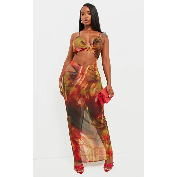 Shape Multi Abstract Print Chiffon Strappy Cut Out Maxi Dress