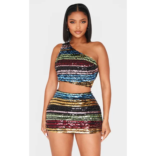 Shape Multi Stripe Sequin One Shoulder Crop Top