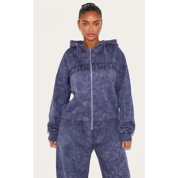 Shape Navy Embroidery Washed Zip Through Hoodie