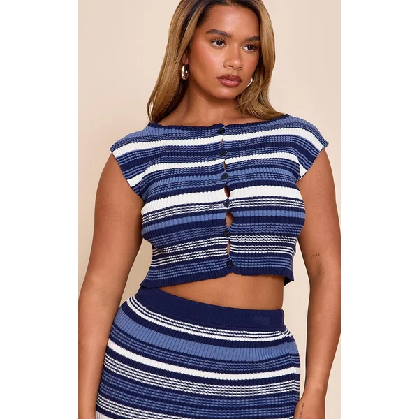 Shape Navy Knitted Stripped Button Front Boat Neck Top