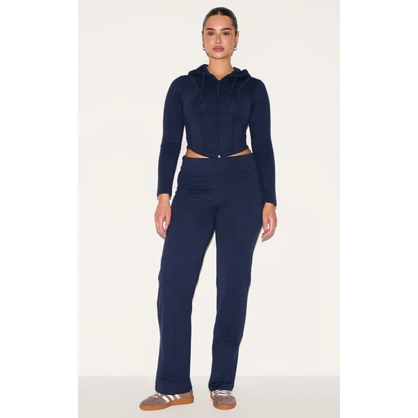 Shape Navy Low Rise Fold Over Seam Front Wide Leg Pants