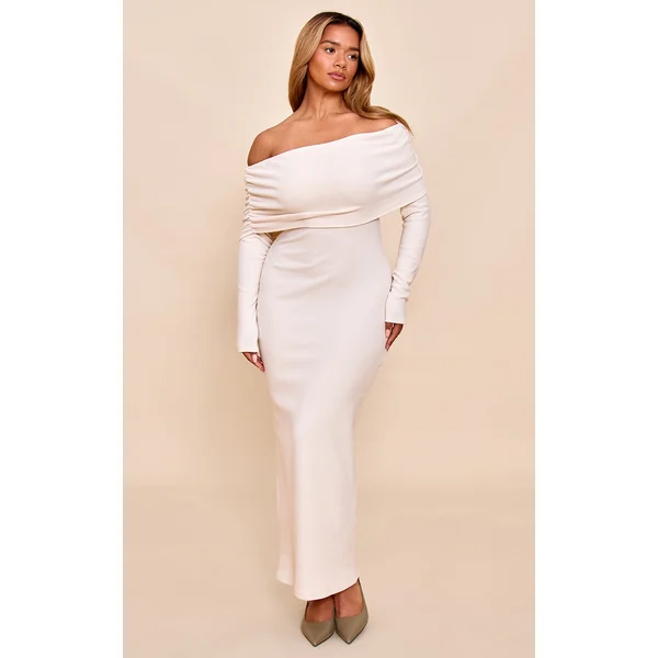 Shape Oatmeal Ribbed Bardot Long Sleeve Maxi Dress