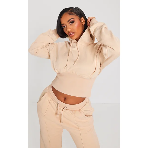 Shape Oatmeal Sweat Cropped Shirred Waist Hoodie
