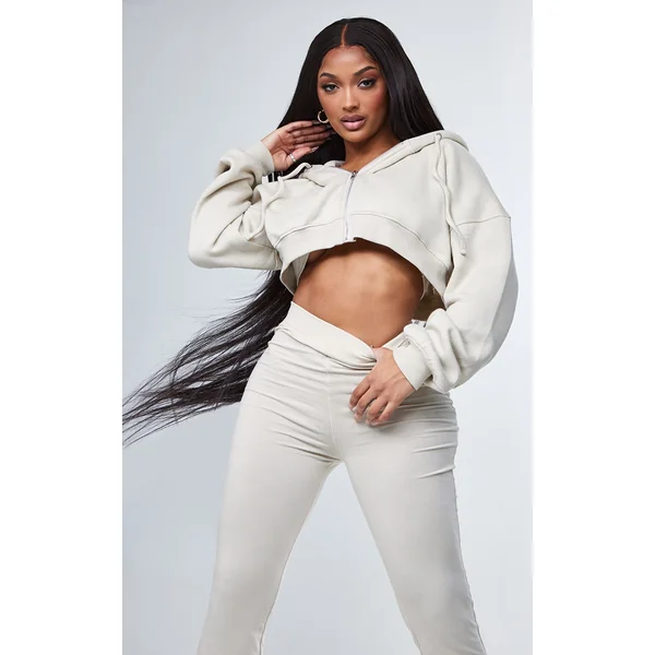 Shape Oatmeal Zip Front Long Sleeve Cropped Hoodie