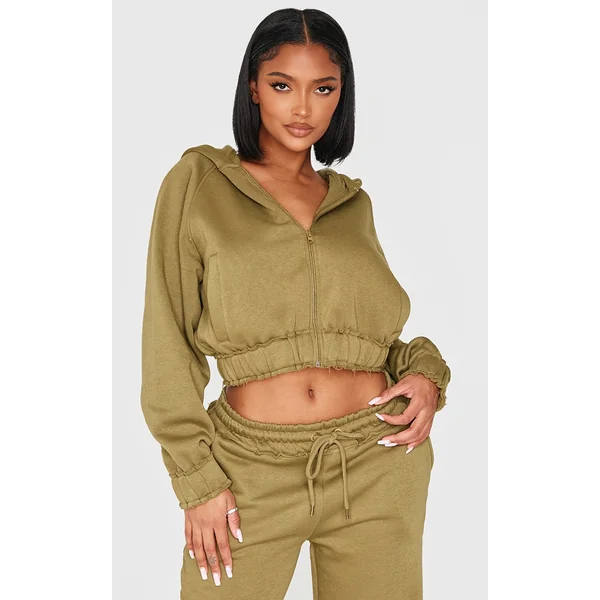 Shape Olive Distressed Elasticated Waistband Cropped Hoodie