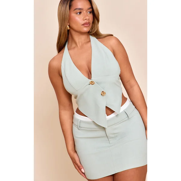 Shape Olive Halterneck Asym Hammered Button Vest