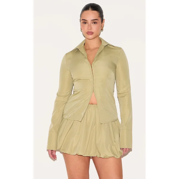 Shape Olive Hook & Eye Split Front Cinched Shirt