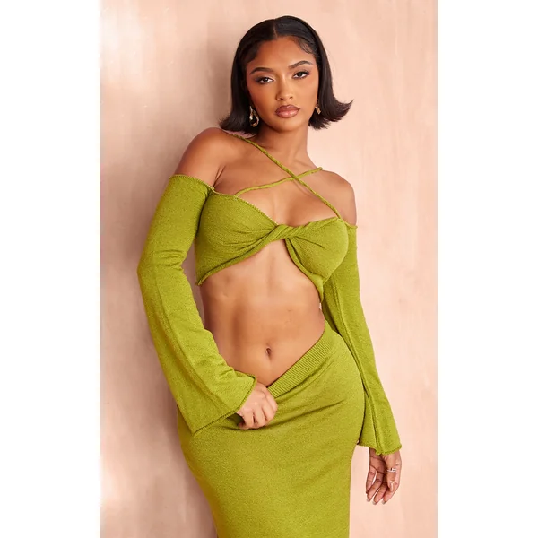 Shape Olive Knit Long Sleeve Twist Front Crop Top