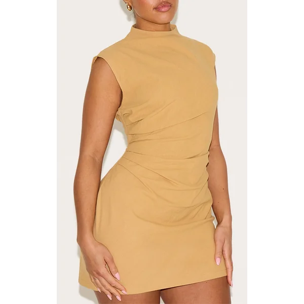 Shape Olive Linen Look Boat Neck Ruched Side Mini Dress
