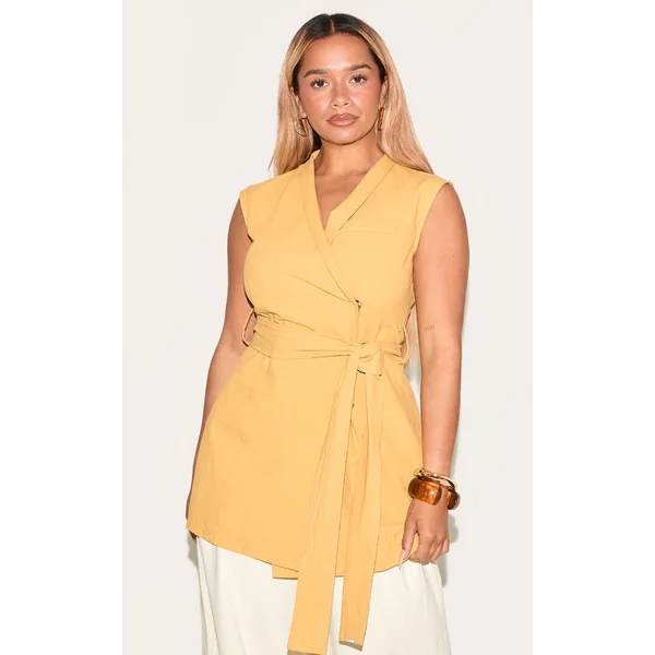 Shape Olive Linen Look Wrap Front Belted Blazer