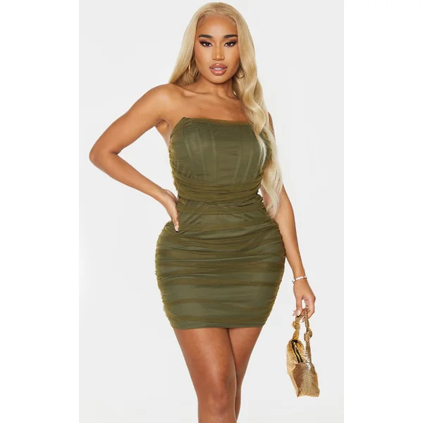 Shape Olive Mesh Corset Detail Ruched Bodycon Dress