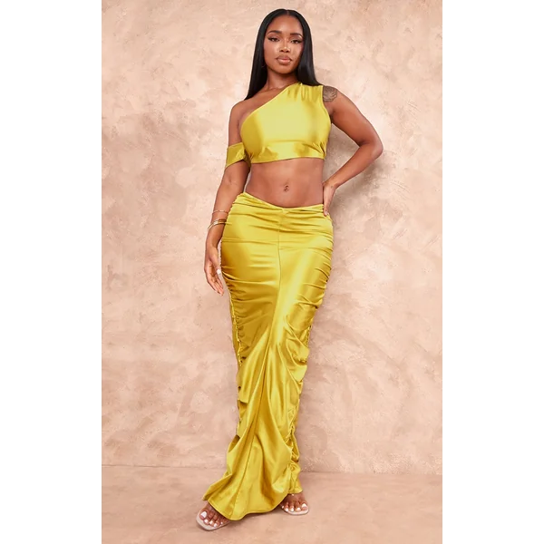 Shape Olive Satin Ruched Side Maxi Skirt