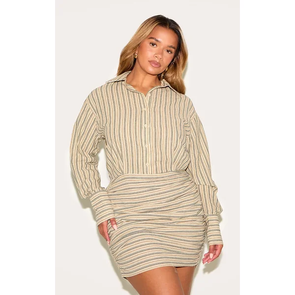 Shape Olive Striped Button Front Ruched Hem Shirt Dress