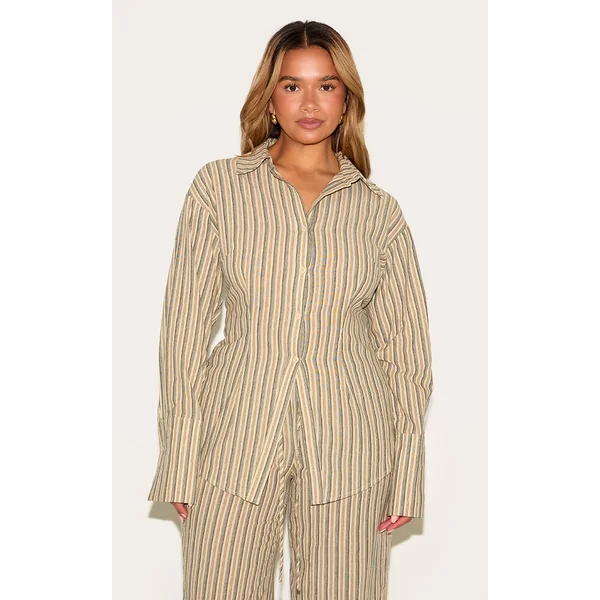 Shape Olive Striped Lace Up Cinched Back Button Front Shirt