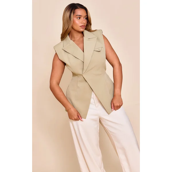 Shape Olive Tailored Asymmetric Cross Over Sleeveless Adjustable Waist Blazer