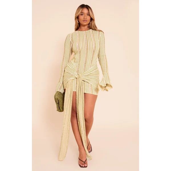 Shape Olive Textured Long Sleeve Tie Waist Mini Dress