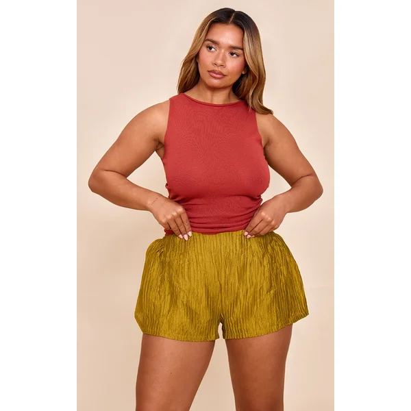 Shape Olive Textured Pleat Highwaisted Mini Shorts