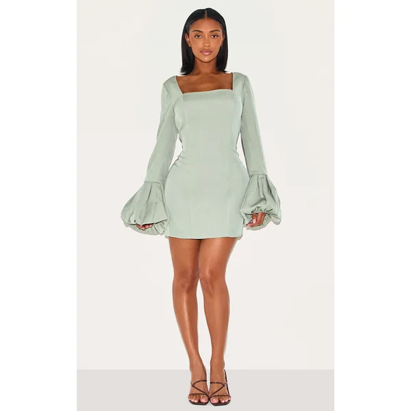 Shape Olive Woven Square Neck Puffball Sleeve Mini Dress