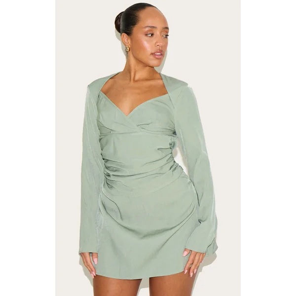 Shape Olive Woven Tailored Square Neck Ruched Side Flippy Mini Dress
