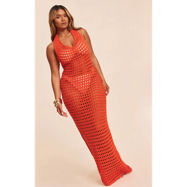 Shape Orange Crochet Knit Halterneck Open Back Maxi Dress
