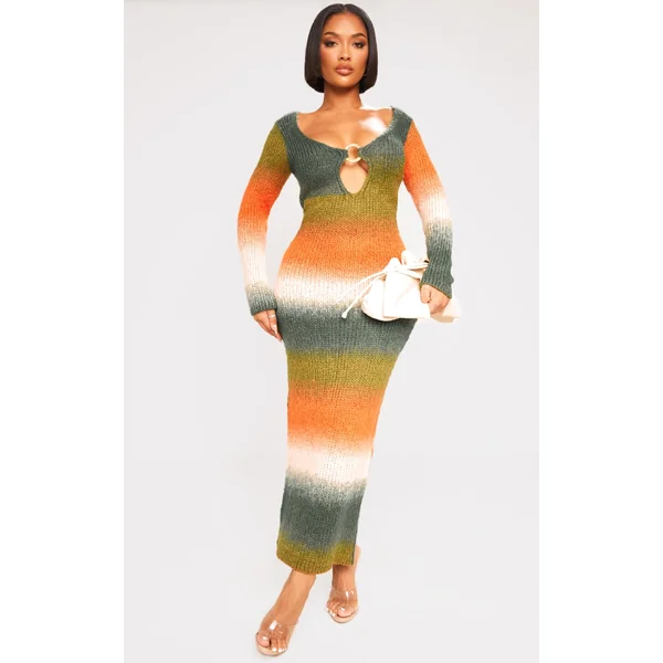 Shape Orange Ombre Knit Plunge Ring Long Sleeve Midaxi Dress