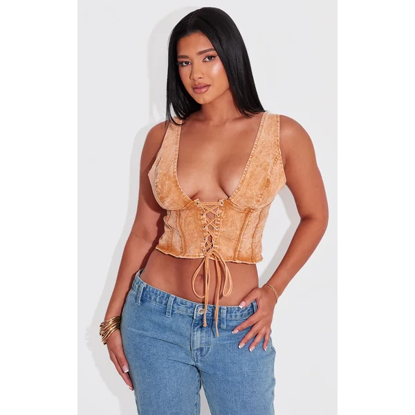 Shape Orange Washed Denim Lace Up Corset Top