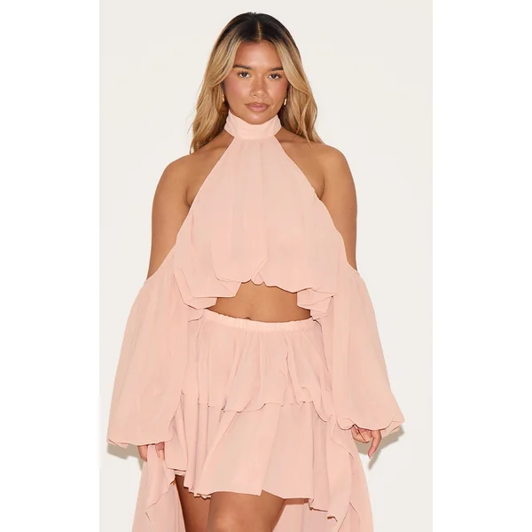 Shape Peach Chiffon High Neck Off Shoulder Blouse