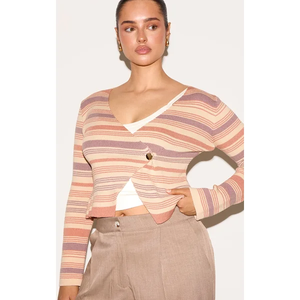 Shape Peach Knitted Striped Wrap Over Gold Button Cardigan
