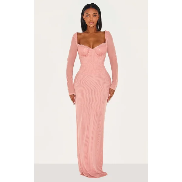 Shape Peach Mesh Lace Insert Corseted Maxi Dress