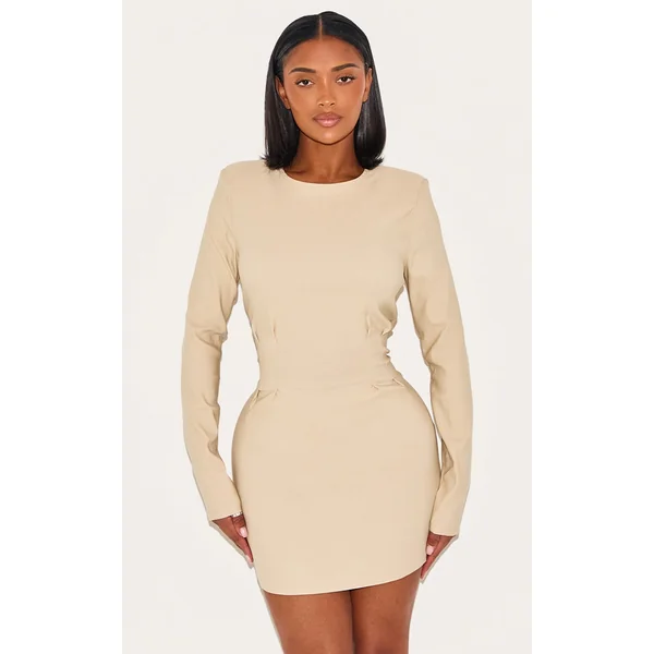 Shape Pebble Stretch Woven Cinched Waist Boat Neck Long Sleeve Mini Dress