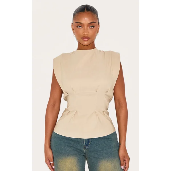 Shape Pebble Stretch Woven Cinched Waist Boat Neck Peplum Top