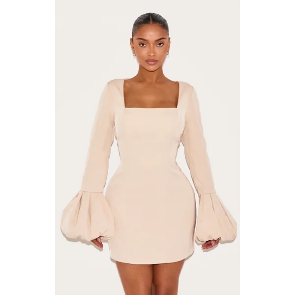 Shape Pebble Woven Square Neck Puffball Sleeve Mini Dress