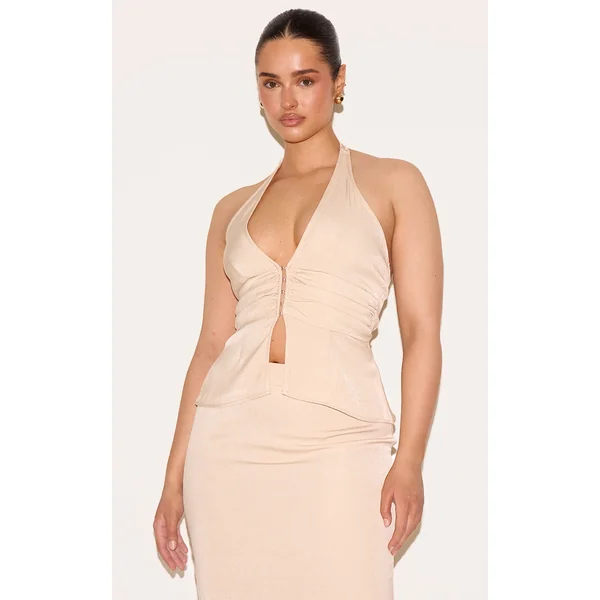 Shape Pebble Woven Tailored Halterneck Ruched But Split Hem Top