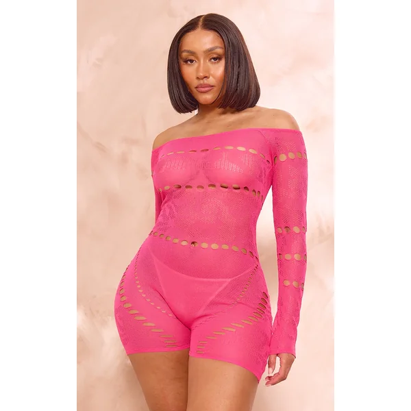 Shape Pink Knit Sheer Bardot Unitard