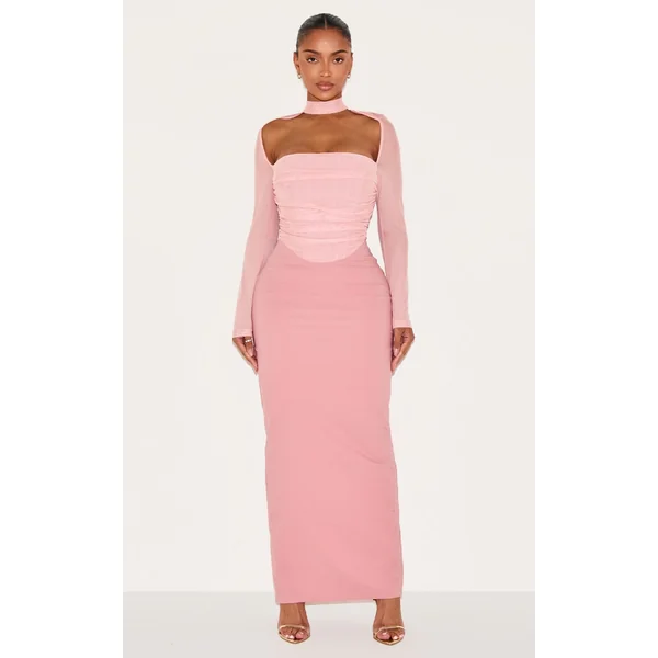 Shape Pink Mesh Long Sleeve Ruched Corset Maxi Dress