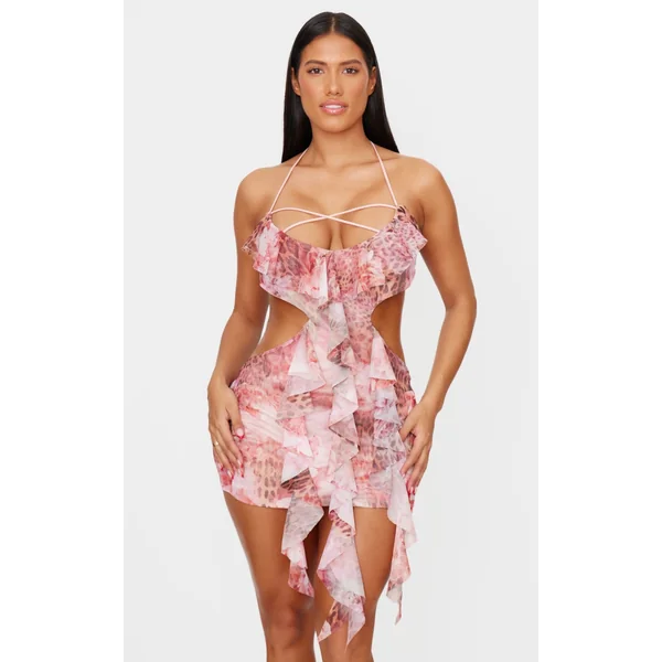 Shape Pink Mesh Printed Ruffle Open Back Halter Dress